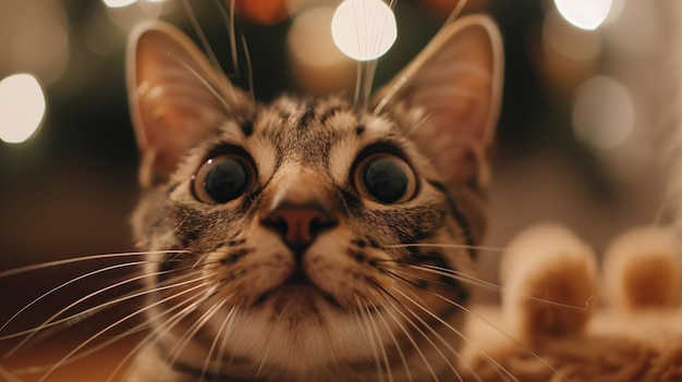 a cat with big eyes looking up with a christmas tree in the background