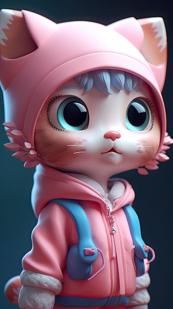 A cat with big eyes and a pink jacket