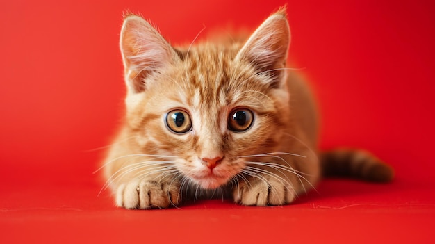 a cat with big eyes and a red background