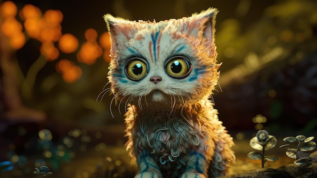 A cat with big green eyes sits in front of a dark background.