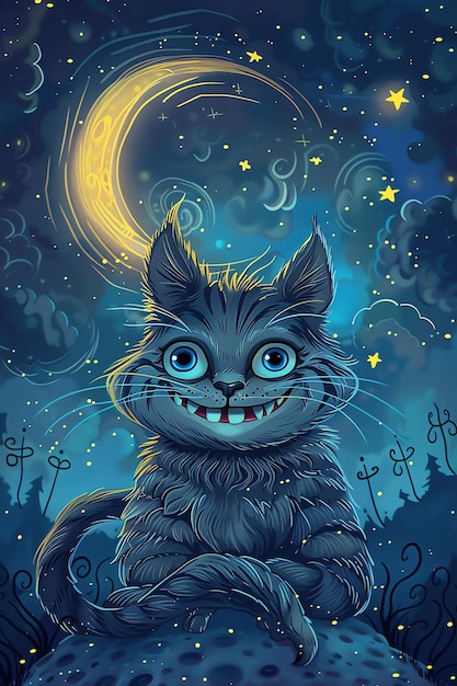 Photo a cat with a big smile and a moon in the background