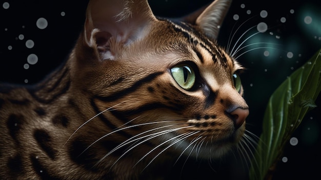 A cat with a black background and a white spot on the left side of the face.