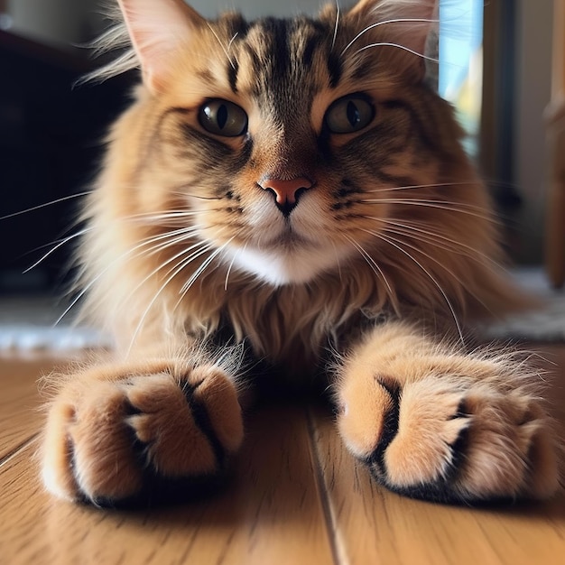 A cat with a black and brown face and paws on a wooden floor