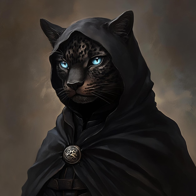 A cat with a black cape and a gold tag that says quot wolf quot