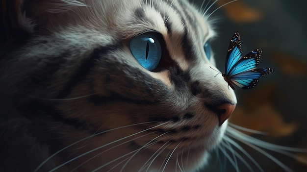 Cat with blue butterfly on a black background generative ai