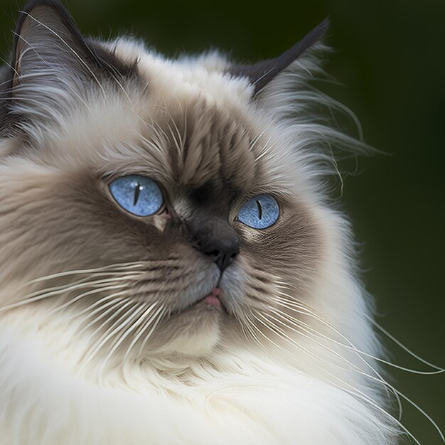 A cat with blue eyes and a black and white face.