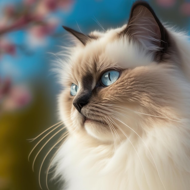 A cat with blue eyes and a blue eyes is looking at the camera.