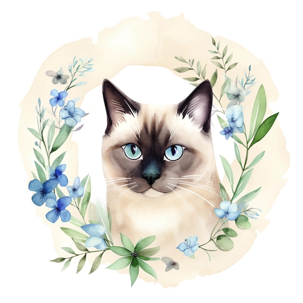 A cat with blue eyes and a blue eyes is in a wreath of flowers