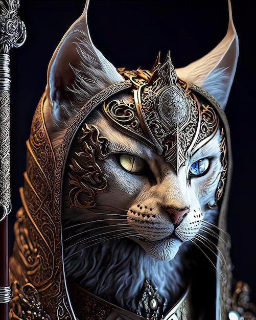 A cat with blue eyes and a golden crown on its head