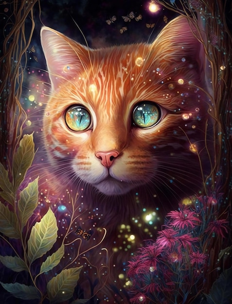 A cat with blue eyes is in a forest with a fairy lights.