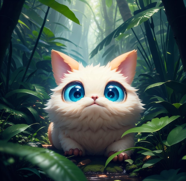 A cat with blue eyes is in the jungle.