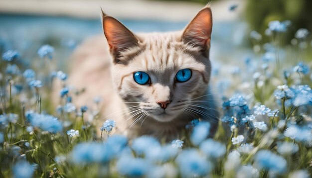 a cat with blue eyes is laying in the grass with blue flowers