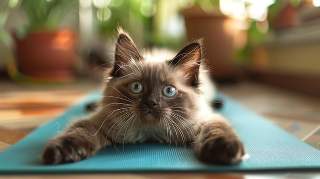 A cat with blue eyes is laying on a mat Yoga cat