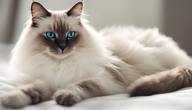 a cat with blue eyes is laying on a white surface