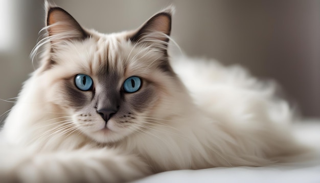 a cat with blue eyes is laying on a white surface