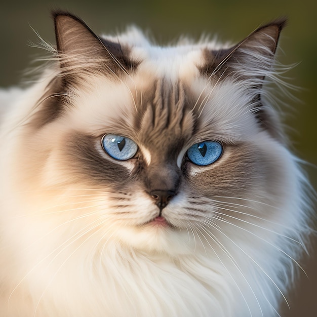 A cat with blue eyes is looking at the camera.