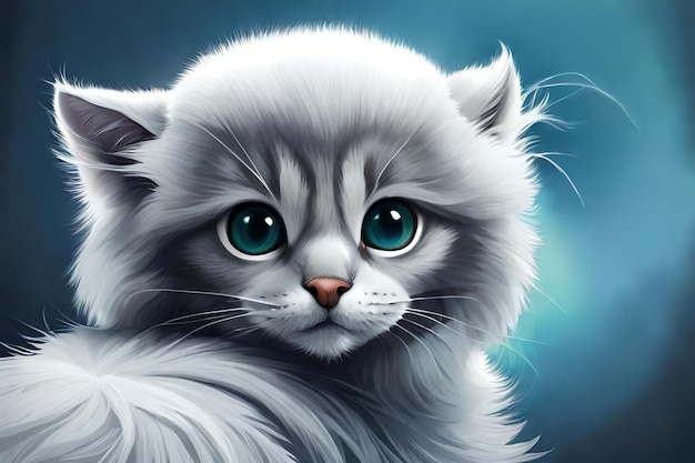 A cat with blue eyes is looking at the camera.