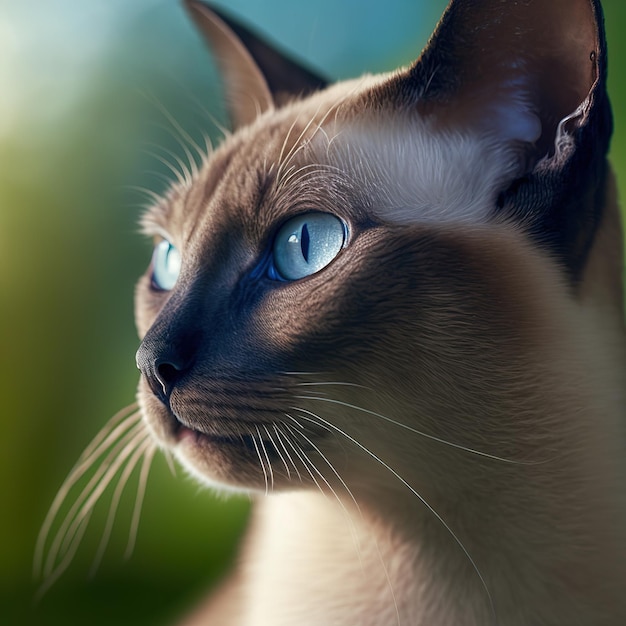 A cat with blue eyes is looking to the left.