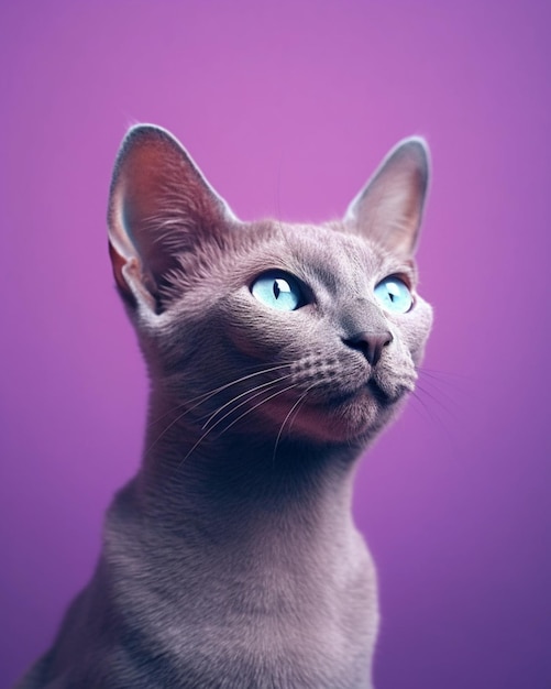 A cat with blue eyes is looking up and the background is purple.