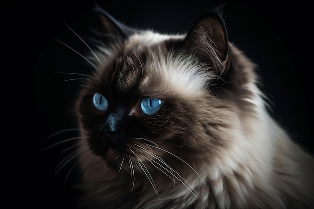 A cat with blue eyes is sitting on a black background.