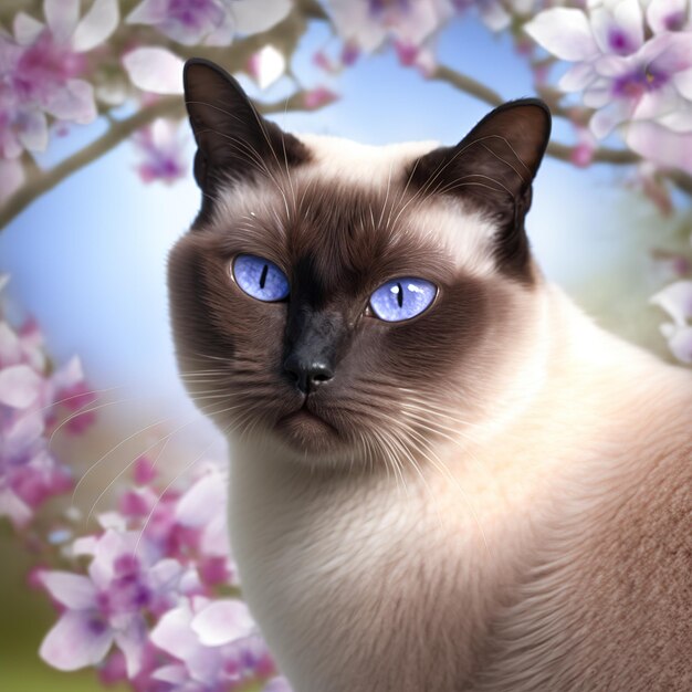 A cat with blue eyes is sitting in a flower garden.