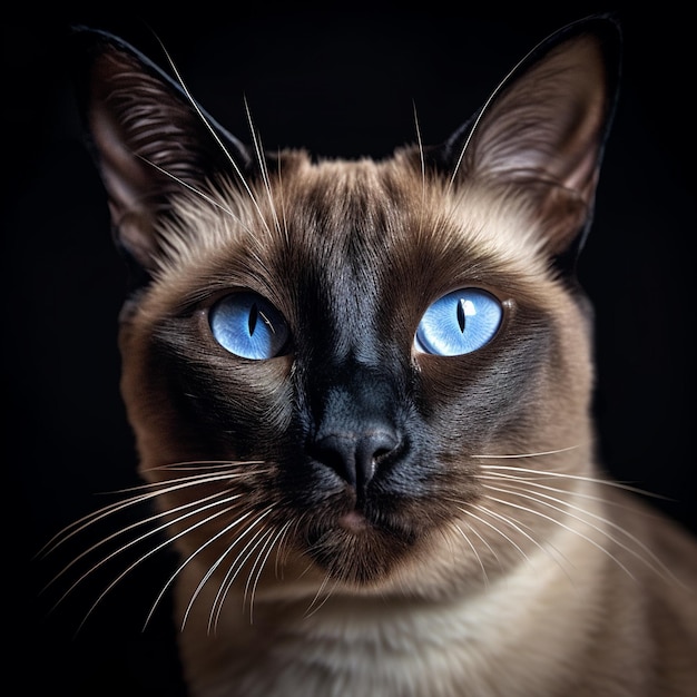 A cat with blue eyes is sitting in front of a black background.