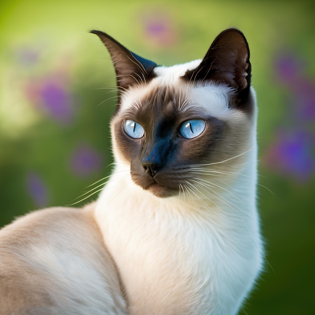 A cat with blue eyes is sitting in front of a green background.