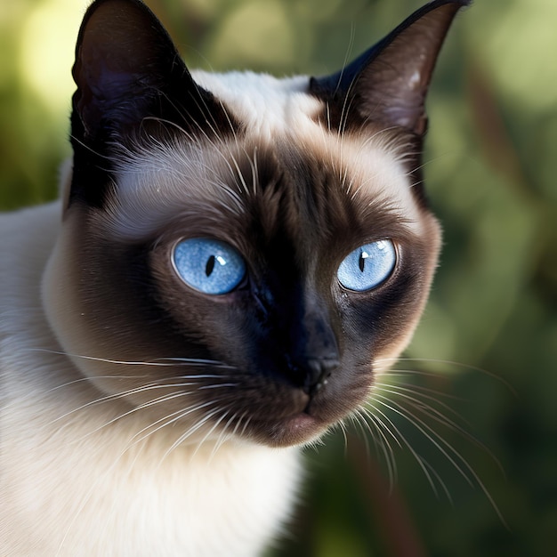 A cat with blue eyes is sitting in a green background.