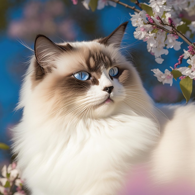 A cat with blue eyes is sitting in a tree.