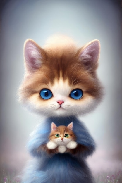 A cat with blue eyes is sitting with a small kitten.