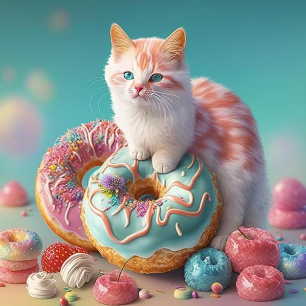 A cat with blue eyes is standing on a donut.