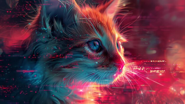 Photo a cat with blue eyes is staring at the camera the image has a futuristic and colorful feel to it wit