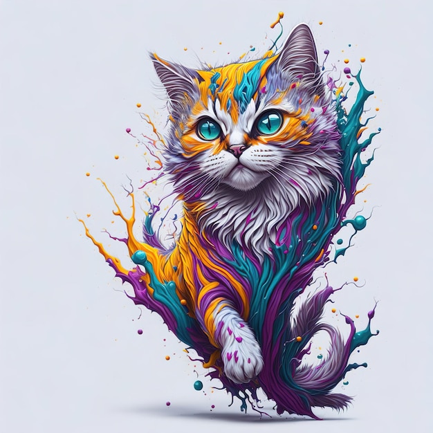 A cat with blue eyes is surrounded by colorful paint.