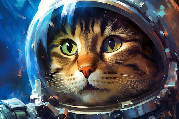 The cat with blue eyes is wearing a spacesuit