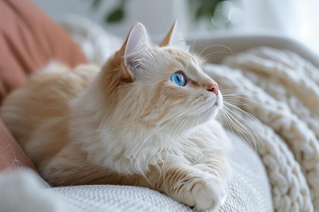 a cat with blue eyes laying on a bed with a person in the background