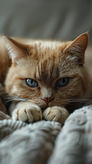 a cat with a blue eyes laying on a blanket