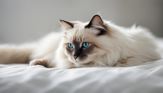 a cat with blue eyes laying on a white blanket