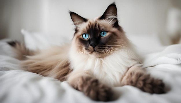 a cat with blue eyes laying on a white blanket