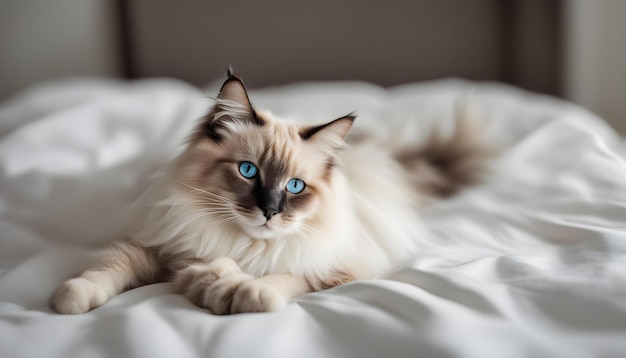 a cat with blue eyes laying on a white sheet