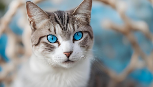 a cat with blue eyes looking at the camera