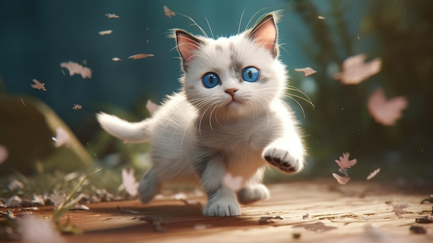 A cat with blue eyes runs across a wooden platform.