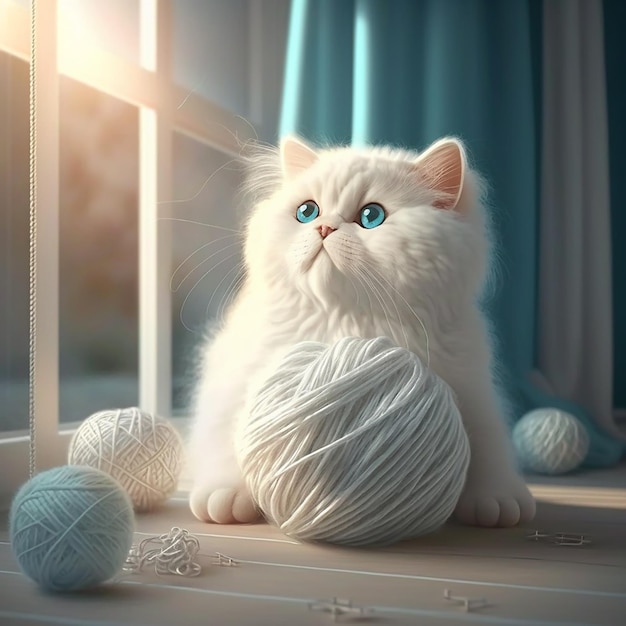 A cat with blue eyes sits next to a ball of yarn.