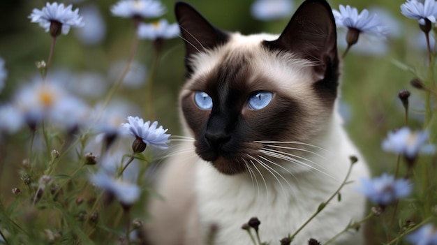 A cat with blue eyes sits in a field of flowers.