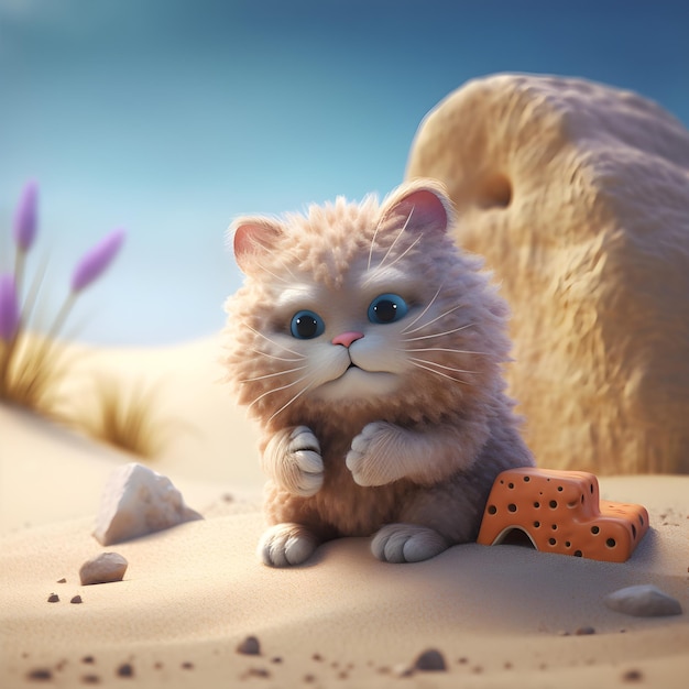 A cat with blue eyes sits in the sand with a toy in front of it.