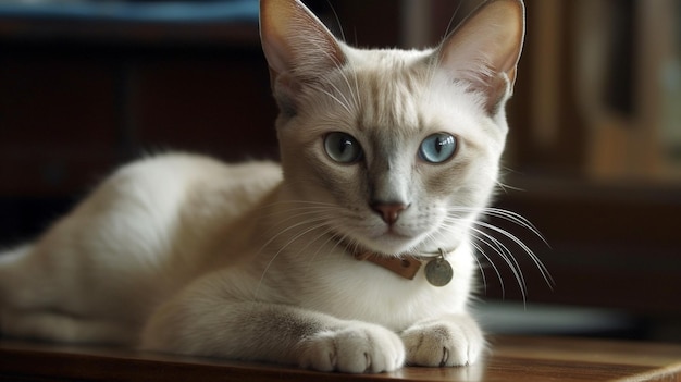 A cat with blue eyes sits on a table