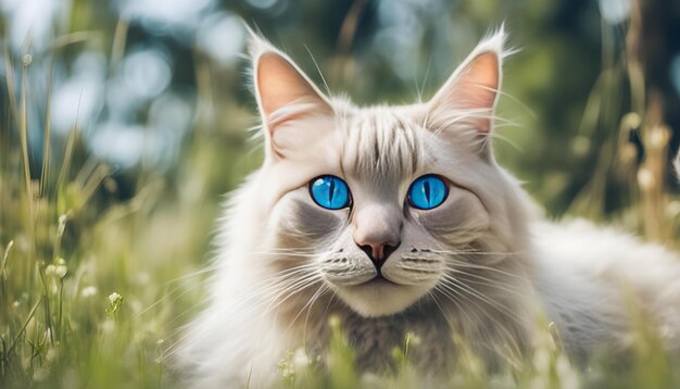 a cat with blue eyes that is looking at the camera