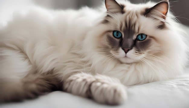 a cat with blue eyes and a white nose is laying on a white blanket