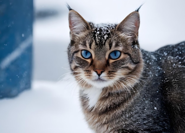 Photo a cat with blue eyes and a white nose is standing in the snow