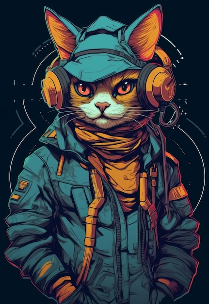 A cat with a blue jacket and a hoodie that says'cat '