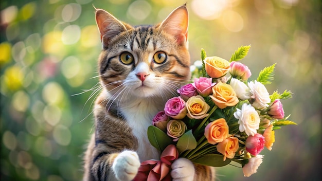 Photo a cat with a bouquet of flowers in the foreground and a cat with a flower in the background